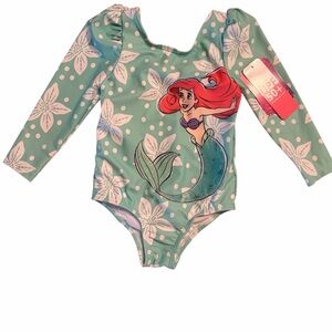 Disney Ariel Girls' Turquoise and White Long Sleeve One-Piece Swimsuit